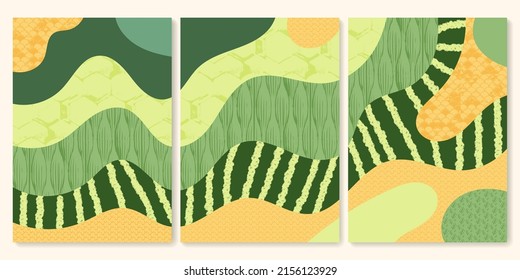 Set of abstract shapes green field from aerial view. Minimalist summer field landscape poster collection. Rural view, grunge texture. Design elements for social media post, banner, card, background
