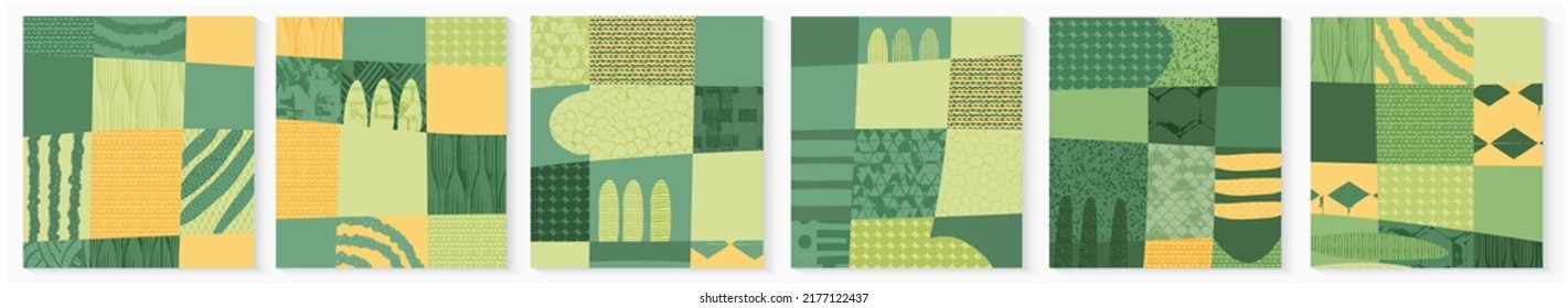 Conjunto de formas abstractas de campo verde desde la vista aérea. Colección minimalista de afiches de paisajes de campo de verano. Vista rural, textura gruesa. Elementos de diseño para publicación en medios sociales, banner, tarjeta, antecedentes