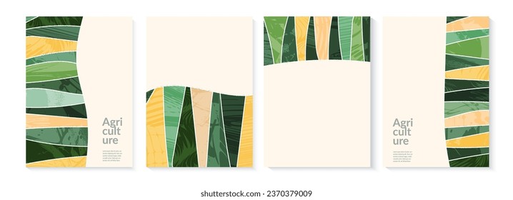 Set of abstract shapes green field from aerial view. Minimalist summer field landscape poster collection. Rural view, grunge texture. Design elements for social media post, layout, card, background