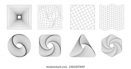 Set of abstract shapes and grids in black color. Trendy retro 1980s, 90s style. Vector illustration.