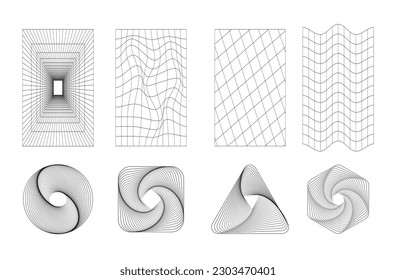 Set of abstract shapes and grids in black color. Trendy retro 1980s, 90s style. Vector illustration.
