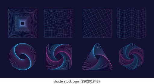 Set of abstract shapes and grids in trendy neon color. Trendy retro 1980s, 90s style. Vector illustration.