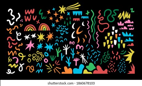 Set of abstract shapes hand drawing. A collection in a bright trendy style. Minimalistic and primitive colorful elements. Isolated over black background. Flat cartoon style. Stock vector.