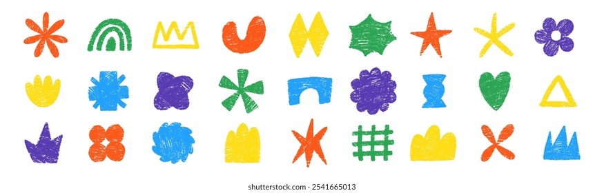 Set of abstract shapes of heart, flower, star, grid with crayon or chalk texture. Doodle design elements for school. Multicolor childish vector illustration.