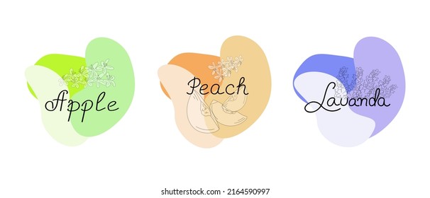 A set of abstract shapes with inscriptions Lavender, Peach, Apple. Pieces of peach, flowers. Vector illustration for packaging design of candles, perfumes, aromas, for a banner, postcard, logo.