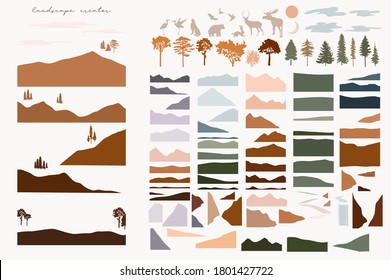 Set of abstract shapes for landscape creator. Abstract mountains, hills, tree, animal, clouds, sun, moon and roads. Editable vector illustration