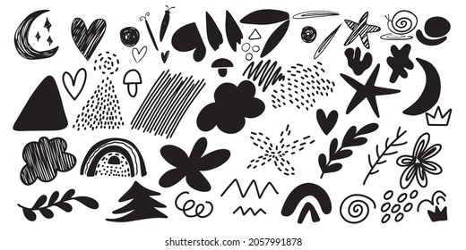 A set of abstract shapes, a large set of hand-drawn various black shapes and doodle objects on a white background, abstract illustrations in the Scandinavian style. Vector illustration for baby print.