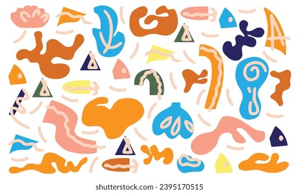 Set of abstract shapes, large set of hand-drawn different shapes and doodle objects, abstract modern fashion illustration in Scandinavian style. Vector illustration for children's printing.