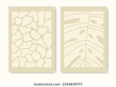 Set of abstract shapes and leaf on beige background. Summer elements illustration poster.