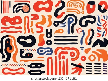 set of abstract shapes, lines and designs design elements, in the style of paula scher, stripes and shapes, abstract minimalism appreciator, stenciled iconography, carsten holler