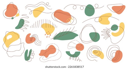 Conjunto de formas abstractas con líneas. Manchas, contornos y trazos orgánicos dibujados a mano. Diversos elementos gráficos para un diseño moderno y de moda, aislado en un fondo blanco. Vector de colores pastel.