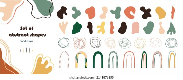 Set of abstract shapes. Modern clipart of hand-drawn abstract objects: spots, scribble, rainbow. Bohemian-style wall decor. Collection of contemporary art prints.