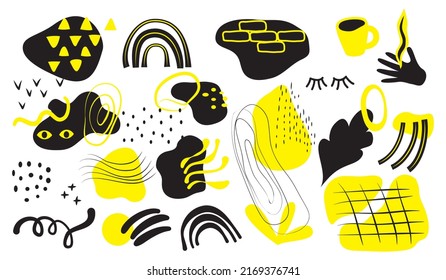 Set of abstract shapes: spots, lines, dots, arc. Yellow and black design elements on a white background. Vector illustration