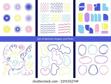 Conjunto de formas abstractas, manchas, líneas, flores y garabatos. Elementos de moda para tus diseños. Dibujo manual de imágenes prediseñadas.