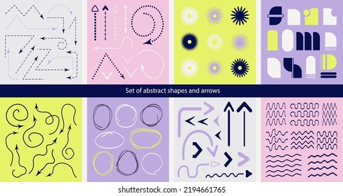 Conjunto de formas abstractas, manchas, líneas, flores y garabatos. Elementos de moda para tus diseños. Pintura dibujada a mano.