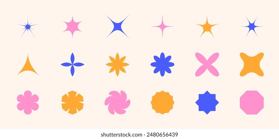 Set of abstract shapes - star, flowers, sparks. Trendy Y2K Retro Badges. Smooth and angular geometric figures. Sticker Label. Design elements isolated. Patch. Yellow, pink, blue. Vector illustration