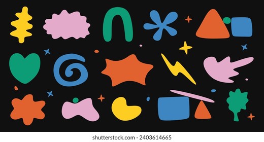 Set of abstract shapes and trendy graphic elements. Contemporary various shapes and doodle objects. Collection of trendy cartoon hand drawn element in minimal style. Vector illustration isolated