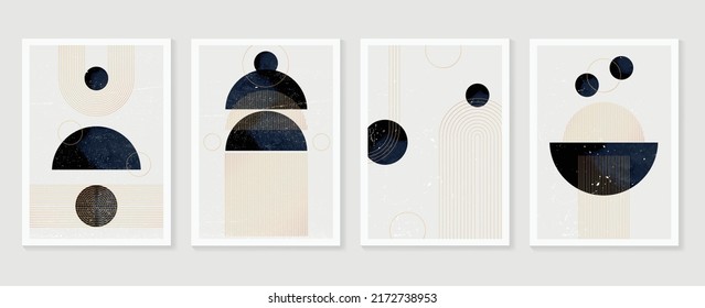 Set of abstract shapes wall art vector. Geometric shape, circle, gold line, watercolor texture in line art style. Luxury wall decoration collection design for interior, poster, cover, banner.