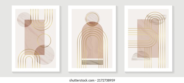 Set of abstract shapes wall art vector. Geometric shape, circle, gold line, watercolor texture in line art style. Luxury wall decoration collection design for interior, poster, cover, banner.