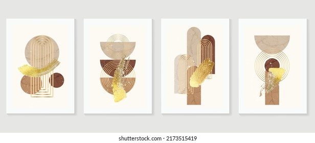 Set of abstract shapes wall art vector. Geometric shape, circle, gold line, watercolor texture in line art style. Luxury wall decoration collection design for interior, poster, cover, banner.