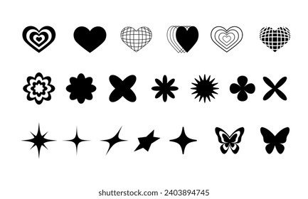Set of abstract shapes in y2k style. Black and white retro futuristic collection for design. Butterfly, heart and flower.Vector illustration.