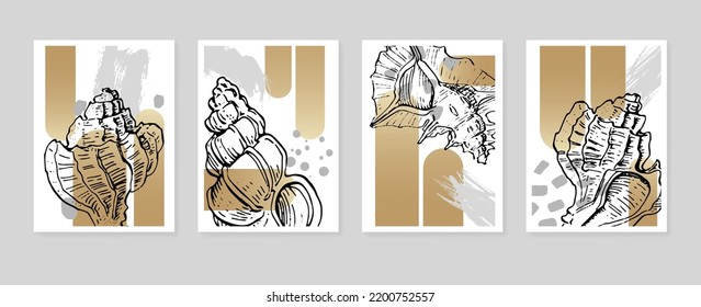 Set of Abstract Shells Hand Painted Illustrations for Wall Decoration, minimalist shell in sketch style. Postcard, Social Media Banner, Brochure Cover Design Background. Modern Abstract Painting.