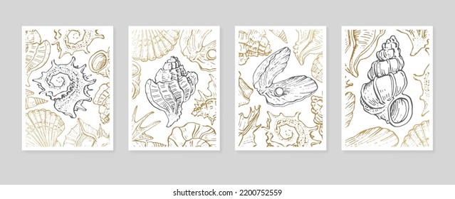Set of Abstract Shells Hand Painted Illustrations for Wall Decoration, minimalist shell in sketch style. Postcard, Social Media Banner, Brochure Cover Design Background. Modern Abstract Painting.