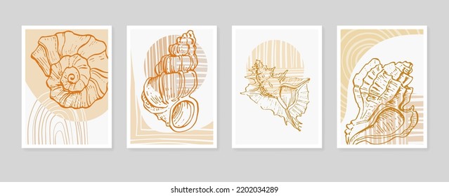 Set of Abstract Shells Hand Painted Illustrations for Wall Decoration, minimalist shell in sketch style. Postcard, Social Media Banner, Brochure Cover Design Background. Modern Abstract Painting.