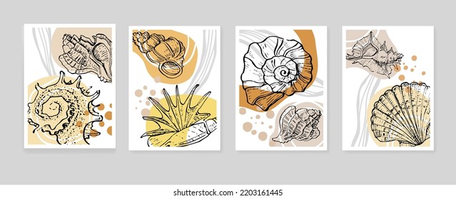 Set of Abstract Shells Hand Painted Illustrations for Wall Decoration, minimalist shell in sketch style. Postcard, Social Media Banner, Brochure Cover Design Background. Modern Abstract Painting.