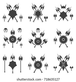 Set of abstract shield and axe silhouette.
