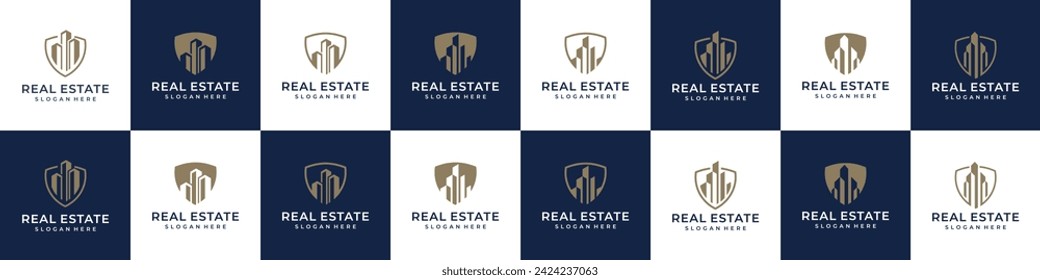 set of abstract shield and building logo design