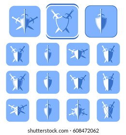 Set of abstract shield and sword icon.