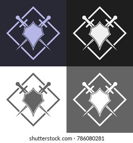 Set of abstract shield and sword icons.