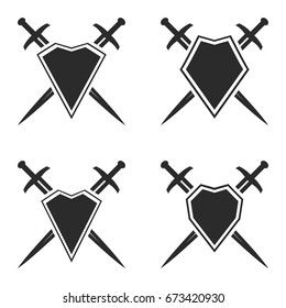 Set of abstract shield and sword signs. Abstract shield and sword emblem. Security company logo.