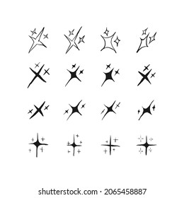 Conjunto de iconos abstractos de brillo, icono de estrella limpia, estrellas brillantes, luz brillante, concepto de diseño de vector de ráfagas brillantes. Elementos dibujados a mano, doodle aislados en fondo blanco