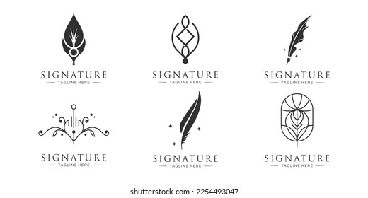 set of abstract signature feather pen logo design template. vector collection of feather inspiration