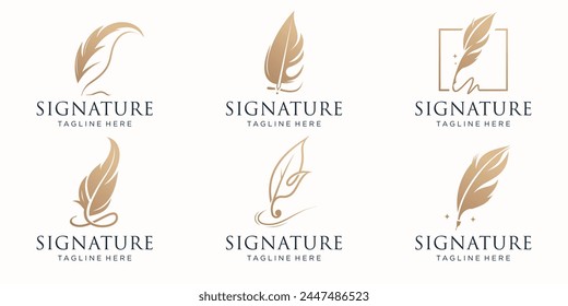 set of abstract signature feather pen logo design template golden color branding on white background