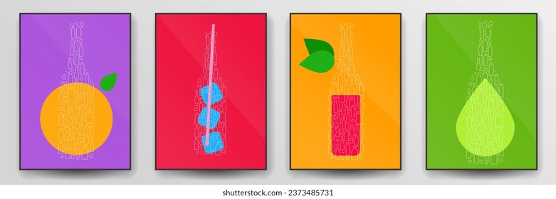 Set of abstract silhouette bottles with alcohol or juice in minimalistic geometric flat style. Creative colorful composition. Concept for branding menu, cover, flyer, banner. Vector illustration.