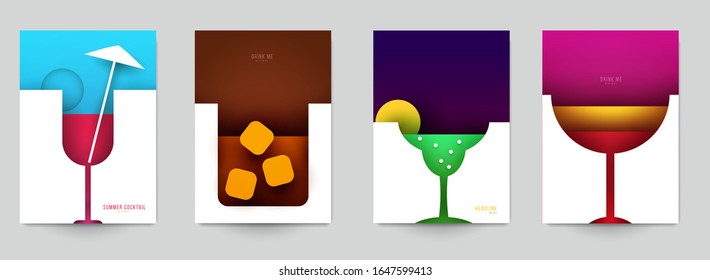 Set of abstract silhouette cocktails with alcohol or juice in minimalistic geometric flat style. Creative colorful composition. Concept for branding menu, cover, flyer, banner. Vector illustration.