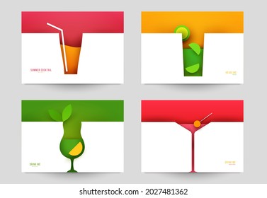 Set of abstract silhouette cocktails with alcohol or juice in minimalistic geometric flat style. Creative colorful composition. Concept for branding menu, cover, flyer, banner. Vector illustration.