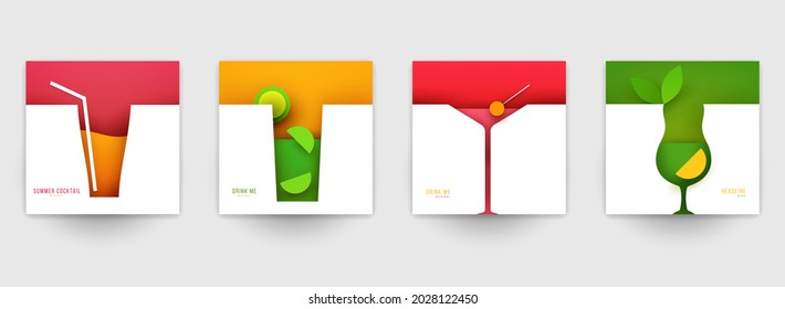 Set of abstract silhouette cocktails with alcohol or juice in minimalistic geometric flat style. Creative colorful composition. Concept for branding menu, cover, flyer, banner. Vector illustration.