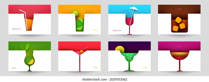 Set of abstract silhouette cocktails with alcohol or juice in minimalistic geometric flat style. Creative colorful composition. Concept for branding menu, cover, flyer, banner. Vector illustration.