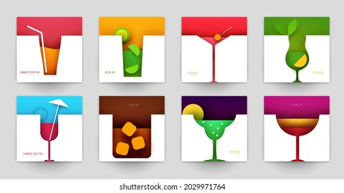 Set Of Abstract Silhouette Cocktails With Alcohol Or Juice In Minimalistic Geometric Flat Style. Creative Colorful Composition. Concept For Branding Menu, Cover, Flyer, Banner. Vector Illustration.