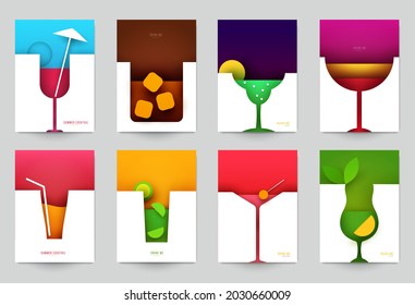 Set of abstract silhouette cocktails with alcohol or juice in minimalistic geometric flat style. Creative colorful composition. Concept for branding menu, cover, flyer, banner. Vector illustration.