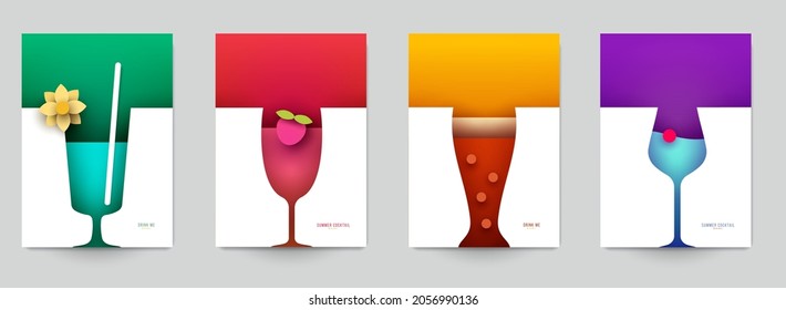 Conjunto de cócteles abstractos de silueta con alcohol o zumo de estilo plano geométrico minimalista. Composición creativa colorida. Concepto de menú de marca, portada, volante, banner. Ilustración vectorial.