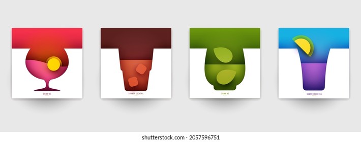 Set of abstract silhouette cocktails with alcohol or juice in minimalistic geometric flat style. Creative colorful composition. Concept for branding menu, cover, flyer, banner. Vector illustration.