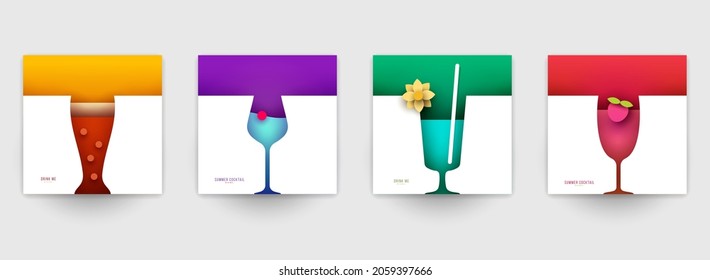 Set of abstract silhouette cocktails with alcohol or juice in minimalistic geometric flat style. Creative colorful composition. Concept for branding menu, cover, flyer, banner. Vector illustration.