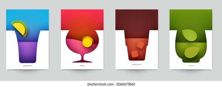 Set of abstract silhouette cocktails with alcohol or juice in minimalistic geometric flat style. Creative colorful composition. Concept for branding menu, cover, flyer, banner. Vector illustration.