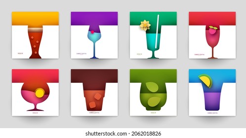 Set of abstract silhouette cocktails with alcohol or juice in minimalistic geometric flat style. Creative colorful composition. Concept for branding menu, cover, flyer, banner. Vector illustration.