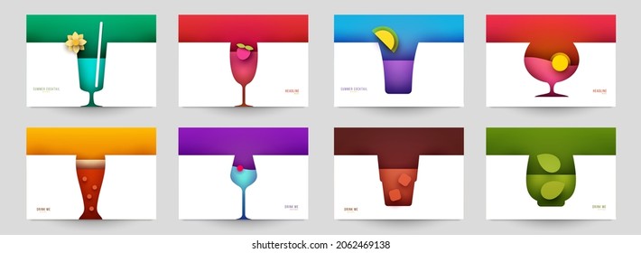 Set of abstract silhouette cocktails with alcohol or juice in minimalistic geometric flat style. Creative colorful composition. Concept for branding menu, cover, flyer, banner. Vector illustration.